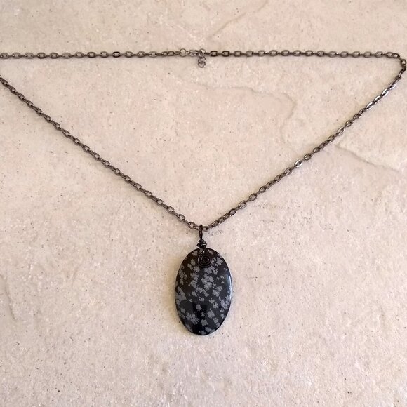 Snowflake Obsidian Stone Medallion Necklace & 24" Gunmetal Black Chain ~ Unisex - Picture 4 of 11